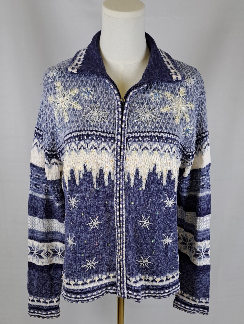 Vintage Y2K Heirloom Collectibles Blue Sparkle Snowflake Full Zip Knit Sweater L